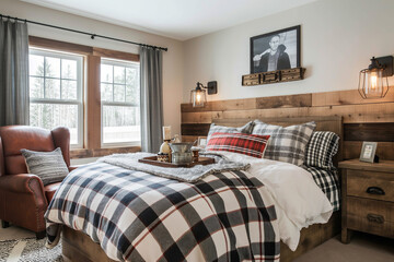 Wall Mural - Rustic bedroom with reclaimed wood furniture, plaid bedding, a leather accent chair, and vintage-style sconces to create a cozy cabin feel.