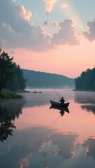 Poster - A man is fishing in a lake with a beautiful sunset in the background