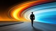 © KKC Studio - A silhouette of a businessperson walking along a winding road illuminated by vibrant colors representing innovation, creativity, and the journey toward success and transformation.