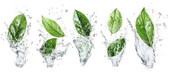 Aufkleber - Set of fresh green leaves splashing with water isolated transparent background