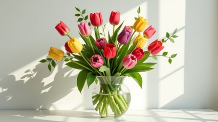 Poster - A vase of tulips sits on a table in a room with a window