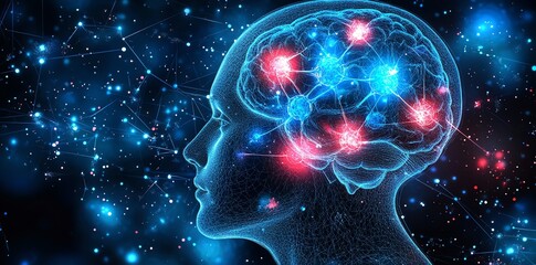 Poster - A digital rendering of a human brain with glowing red and blue nodes connected to a network of lines, representing neural pathways, in the dark blue galaxy background.