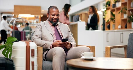 Poster - Black man, phone and hotel for communication in lobby, search and professional for luxury accommodation. Person, hospitality service and website for checkin or reservation, guest review and reception