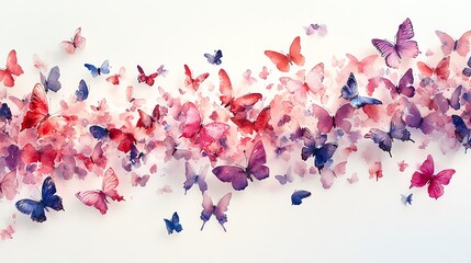 Poster - A swarm of watercolor butterflies in shades of pink, purple and blue, flying in a diagonal line against a white background.