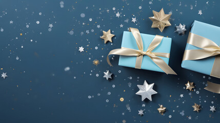 Wall Mural - christmas gift, ball, golden decoration and snowflake group on a blue surface. horizontal compositio
