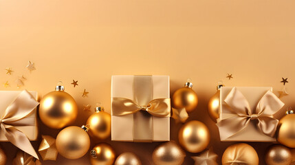 Wall Mural - golden christmas gifts, balls and decorations in a row on a gold abstract background. horizontal com