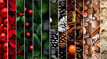 Wall Mural - Abstract background with seasonal and winter stripes with plant, leaf, ball, cone, spice, sweets and gifts texture. Horizontal composition. Concept of Christmas, holiday and New Year.