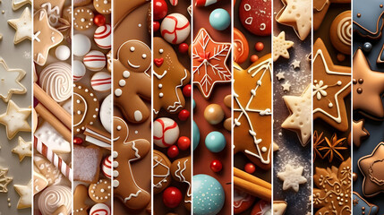 Wall Mural - Colorful abstract background with Christmas sweet, gingerbread piece and cookie stripes. Concept of Christmas, holiday and New Year food. Horizontal composition, banner.