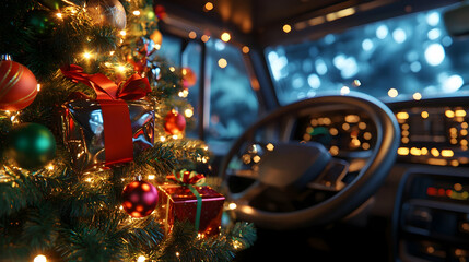 Decorated Christmas tree with gifts inside a truck standing on a passanger seat. Concept of Christmas celebration during travel and holiday.