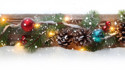 Wall Mural - colorful christmas balls and lights in a row with pine cones and branches covered with snow and snow