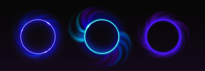 Poster - blue neon light circles set isolated on black background. vector realistic illustration of round fra