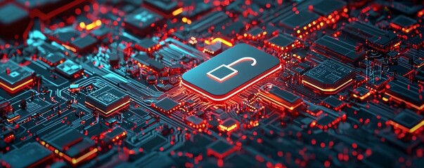 Poster - Futuristic digital lock symbol on a glowing circuit board representing cybersecurity and data protection.