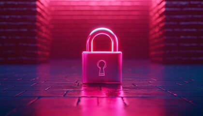 Poster - Neon padlock in a digital space, symbolizing security and protection in the modern age.
