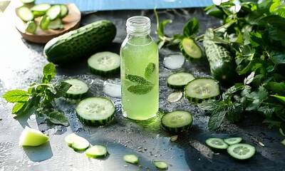 Wall Mural - Cucumber juice in a bottle on a table