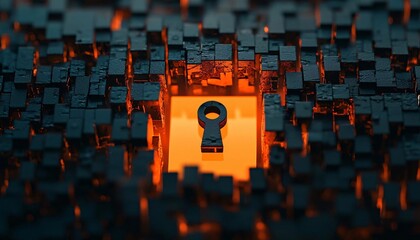 Poster - A glowing keyhole surrounded by dark blocks representing security and unlocking potential in a digital world.