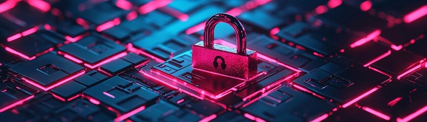 Poster - A vibrant digital lock symbolizing cybersecurity on a futuristic keypad with neon colors.