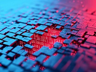 Poster - Abstract representation of binary data and digital blocks illuminated with red and blue lights.
