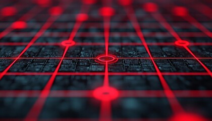 Poster - Close-up view of a futuristic grid pattern illuminated by glowing red lines, showcasing digital technology aesthetics.
