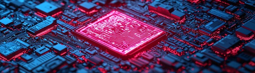 Poster - Close-up view of a vibrant computer chip circuit, showcasing intricate details and glowing elements in a modern design.