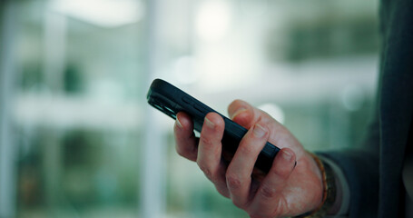 Poster - Businessman, phone and hands for office notification, contact client and search news report. Male person, accountant and online for economy update in workplace, trading website and communication