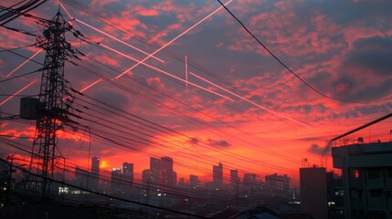 Poster - The sky is orange and the city is lit up