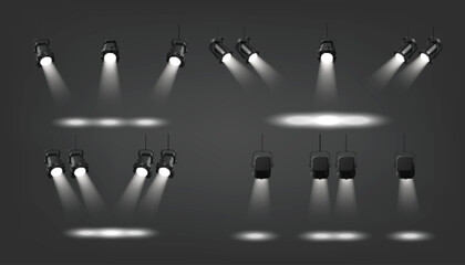 Poster - stage spotlights set isolated on black background. vector realistic illustration of bright ceiling l