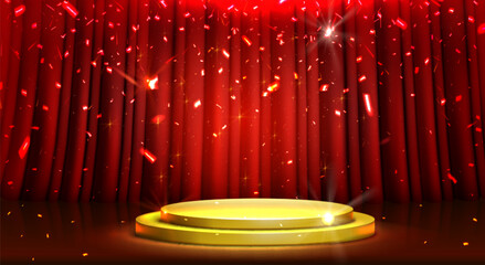 Poster - Illuminated golden podium stands before red velvet drapes. Circular stage glows with spotlight beneath scattering sparkles. Theater setting with maroon curtain backdrop and shimmering light effects.