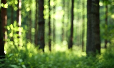 Poster - Close up of green leaves in a forest with a blurred background.