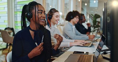Poster - Consultant, call center and talking with woman in office for customer service, agent or contact us. Ecommerce help desk, communication and sales with people in crm agency for billing inquiry