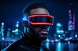 © Sanchai - Cyberpunk-inspired image of a man with neon lighting and futuristic glasses in a dark cityscape
