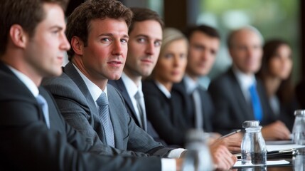 Aufkleber - A group of men and women are sitting at a table in a business setting