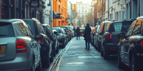 Naklejka na meble A tranquil street lined with parked cars invites a stroll through the golden hour. The soft glow of light reflects off varied textures and colors. A perfect urban scene for city lovers. AI