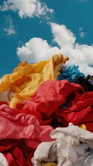 sustainable fashion awareness: discarded colorful textiles against blue sky