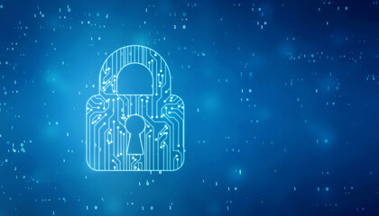 Poster - Closed Padlock on digital screen with Flowing binary codes, Cyber Security and safety information, personal data concept. cyber security background, Digital Padlocks on abstract technology background.