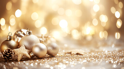 elegant golden christmas ornaments with glittering bokeh lights