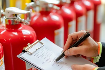 Wall Mural - Engineer inspects fire safety equipment  close up of hands evaluating extinguishers and sprayers