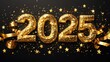 © loxia stock image - Glittering gold 2025 New Year's celebration with confetti and ribbons.