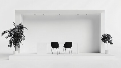 Wall Mural - Minimalist White Exhibition Stand with Chairs and Plants