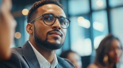 Poster - A man wearing glasses and a suit is sitting in a room with other people