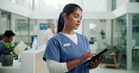 Poster - Nurse, tablet and research with woman in hospital for patient files, digital schedule and medical network. Telehealth, insurance and planning with person in clinic for healthcare and online report