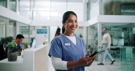 Poster - Nurse, tablet and portrait with woman in hospital for patient files, digital schedule and medical network. Telehealth, insurance and planning with person in clinic for healthcare and online report