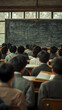 © HQAsset - A Rear View of Students Sitting in a Classroom with a Chalkboard in the Background Filled with Equations and Notes