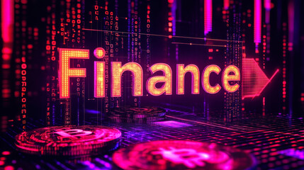 Poster - High-Tech Finance Illustration with Coins, Binary Code, and Upward Arrows