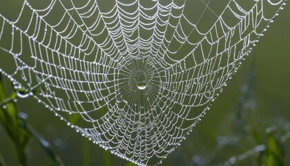 close-up of dew on a spiderweb, intricate and delicate