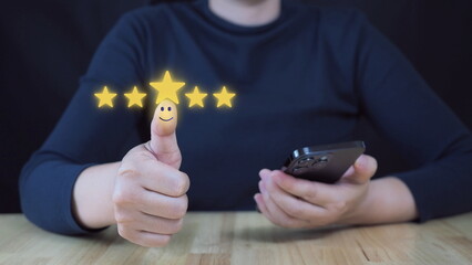 Wall Mural - Customer satisfaction concept. Hand with thumb up Positive emotion smiley face icon and five star with copy space.
