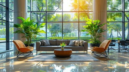 Wall Mural - Modern Lobby with Large Windows, Comfortable Seating, and Lush Greenery