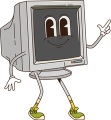 Canvas Print - Cartoon groovy computer display retro character with funny face, vector funky comic. Groovy freaky old display of desktop PC computer with happy funny smile on positive vibes for emoji emoticon