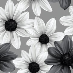 Wall Mural - Black and White Daisy Flowers.Seamless Pattern