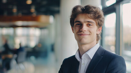 Poster - portrait of a smiling Young businessman looking at camera standing in modern office, happy entrepreneur 