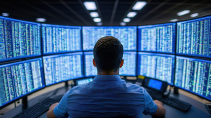 Poster - Cybersecurity Control Room Featuring Multiple Glowing Screens and Data Tracking in a Modern Workspace Environment